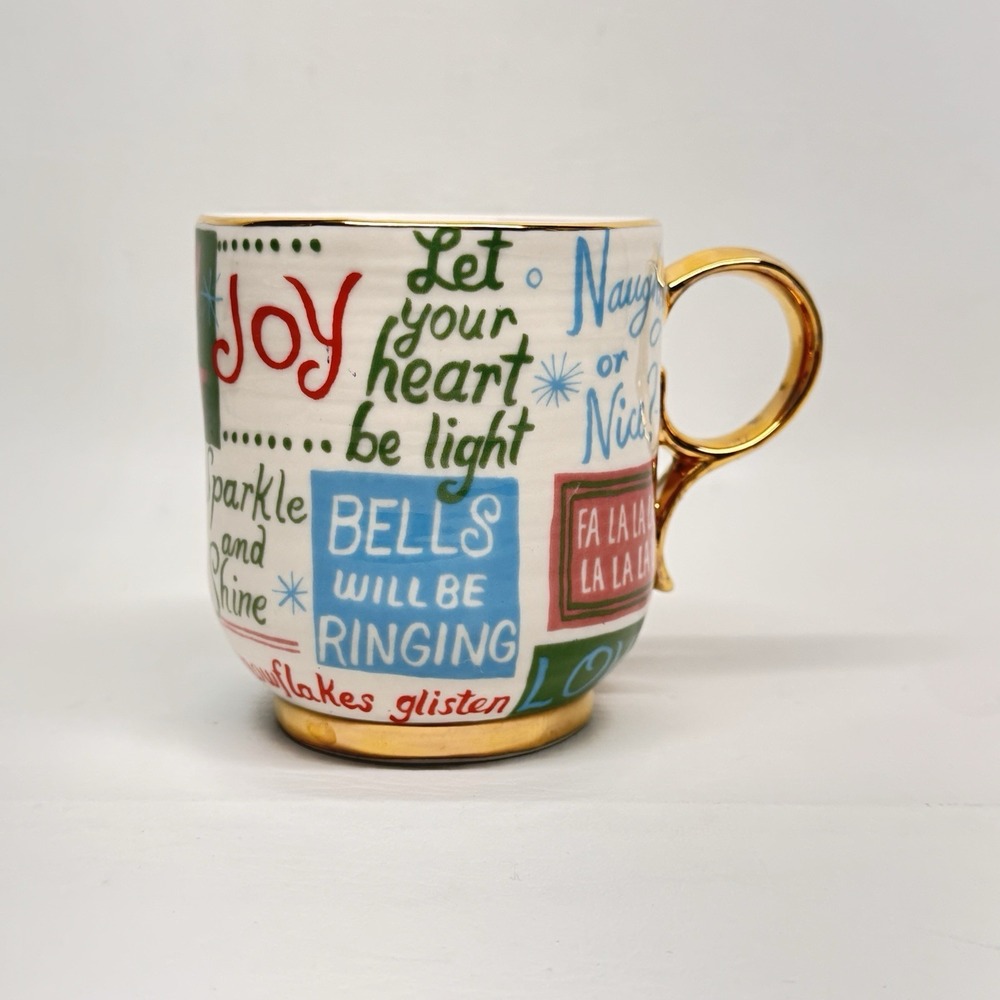 Anthropologie Danielle Kroll Christmas Holiday Mug Gold Handle Typography Joy‎